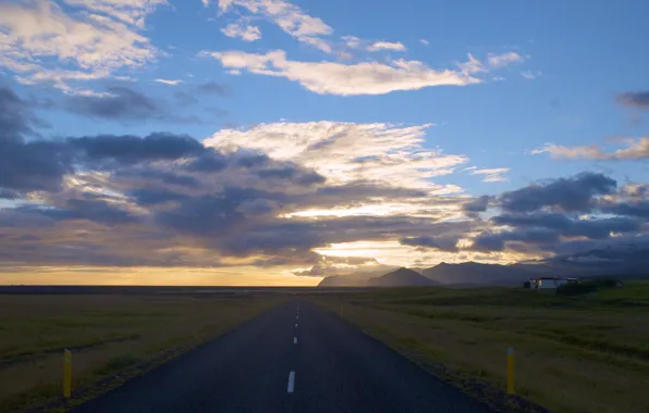 Picture road, the sky, the sun, clouds, sunset, mountains, home, horizon