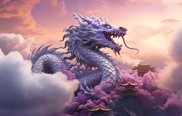 Clouds, dragon, mystic, Sakura, temple, clouds, sakura, dragon