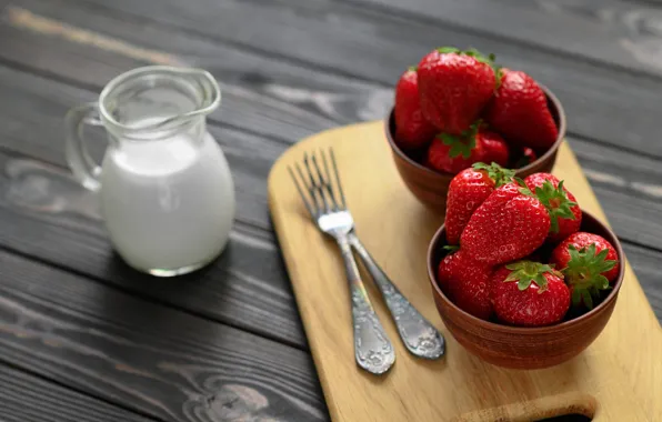 Berries, Board, milk, strawberry, pair, bowl, pitcher, fork