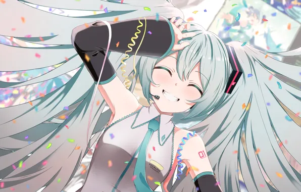 Girl, smile, Hatsune Miku, Vocaloid, cofetti