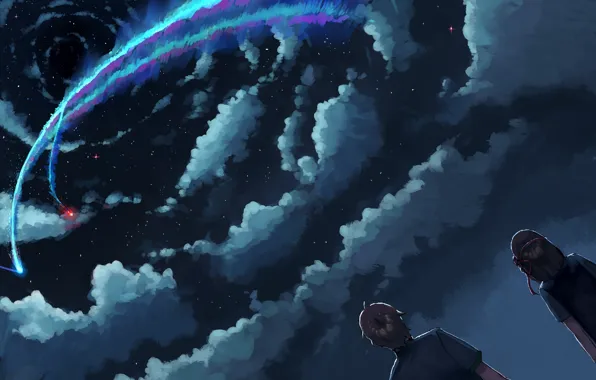 The sky, clouds, art, comet, silhouettes, Kimi no VA On