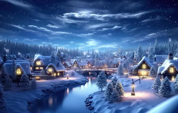 Winter, snow, night, New Year, village, Christmas, houses, house