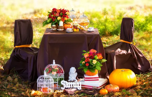 Autumn, leaves, flowers, coffee, roses, candles, picnic, grass