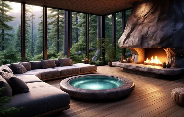 Fire, windows, stone, fireplace, panoramic