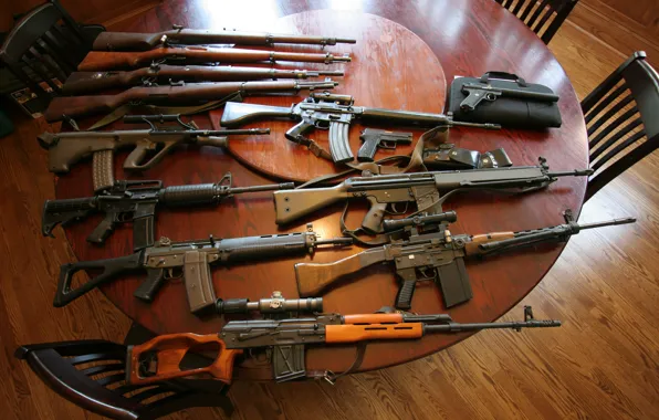 Weapons, table, guns, sniper rifle, machines, assault rifles