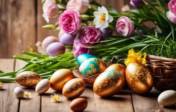 Flowers, eggs, spring, colorful, Easter, happy, flowers, spring
