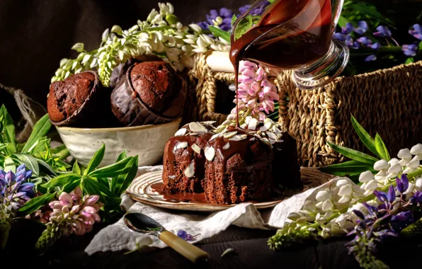 Flowers, chocolate, cakes, vanilla, cupcakes