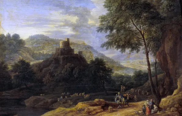 Trees, river, hills, tower, picture, Adrian Frans Boudewyns, Landscape with Shepherds