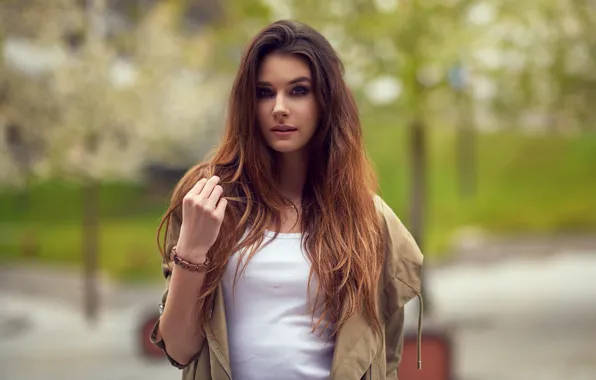 Background, model, portrait, makeup, jacket, hairstyle, brown hair, beauty