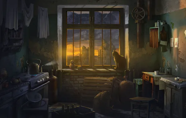Picture cat, kettle, window, apartment, matryoshka, ATOM RPG