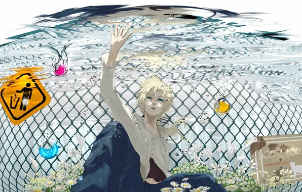 Picture bubbles, anime, signs, art, guy, vocaloid, under water, kagamine len