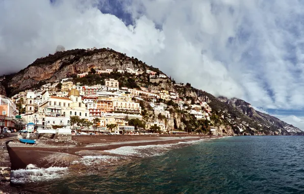 Water, the city, shore, building, mountain, Italy, Positano