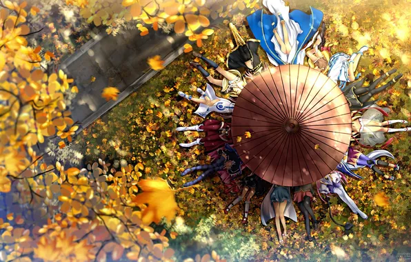Autumn, umbrella, anime, legs, heroes, falling leaves, Spring umbrella