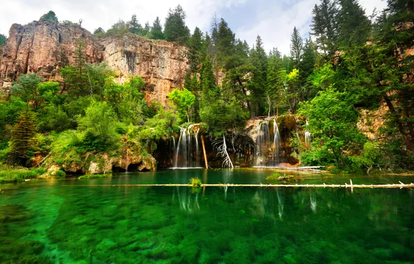 Trees, lake, rocks, waterfall, USA, Hanging Lake, Colorado, Glenwood Canyon