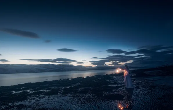 Picture girl, mountains, night, river, shore, lights
