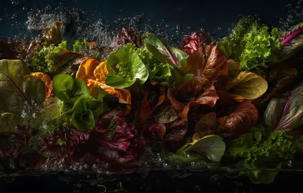 Greens, leaves, water, drops, squirt, moisture, food, tops