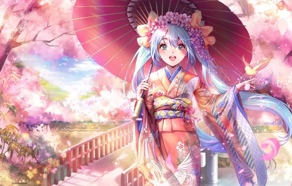 Picture bridge, river, spring, umbrella, Japan, Sakura, railings, kimono