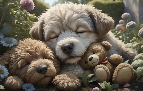 Dogs, sleep, puppies, bear, bear, sleep, AI art, neural network