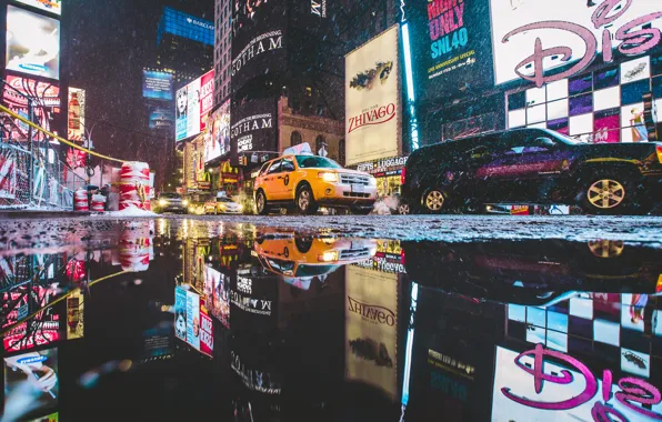 Reflection, street, New York, neon, camera, mirror, puddle, Manhattan