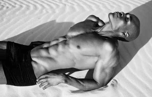 Sand, body, bald, lies, guy, Male, muscles, press