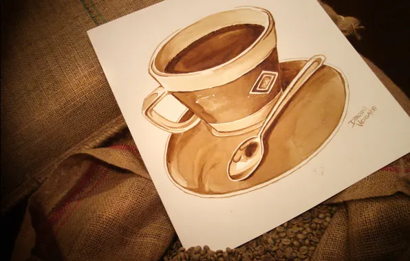 Picture paper, mood, coffee, grain, plate, spoon, mug, Cup