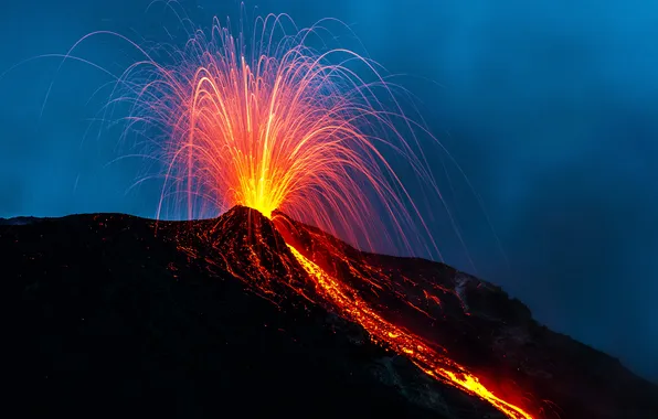 The sky, the explosion, night, smoke, the volcano, the eruption, lava, explosion