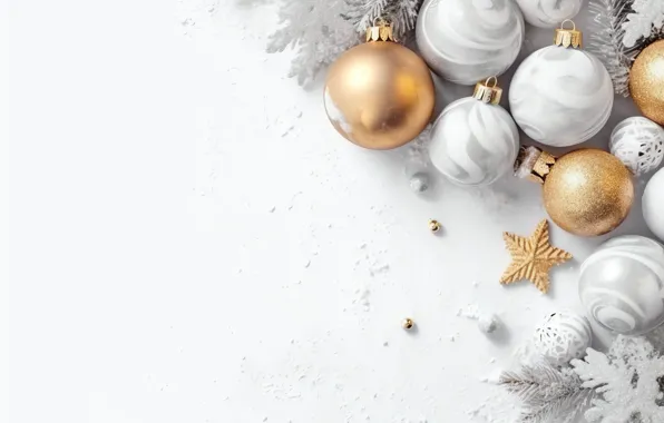 Balls, branches, silver, Christmas, white background, New year, needles, light background