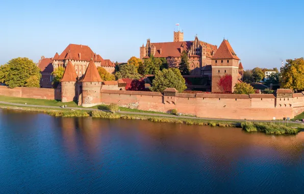 Picture Tree, Tower, River, Wall, Castle, Promenade, Flag, Poland