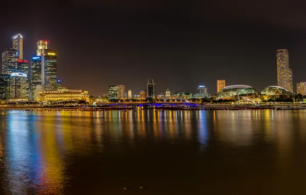 Night, lights, home, skyscrapers, Bay, Singapore