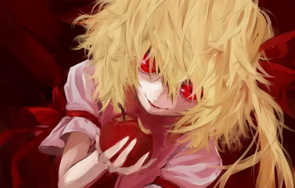 Apple, bite, red eyes, madness, Touhou, vampire, Remilia Scarlet, hell of a grin
