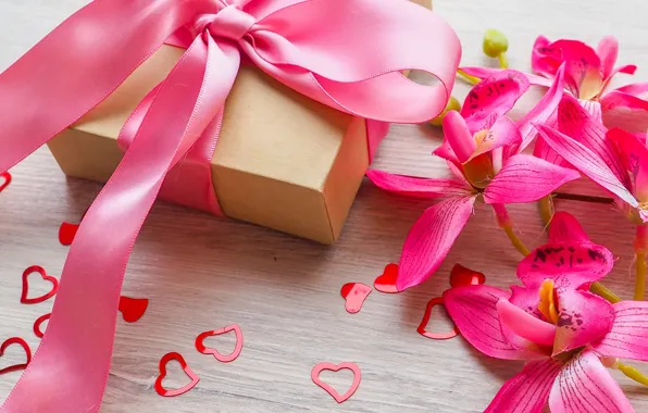 Flowers, gift, tape, hearts, love, pink, flowers, romantic