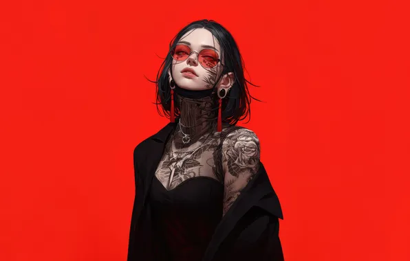 Art, Anime, Red Eyes, Tattoo, Red Background, Anime Girl, AI Art, AI Generated