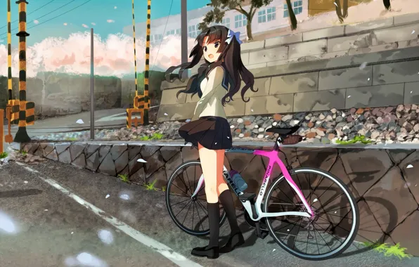Picture city, girl, bike, anime, street, japanese, bishojo, bike girl