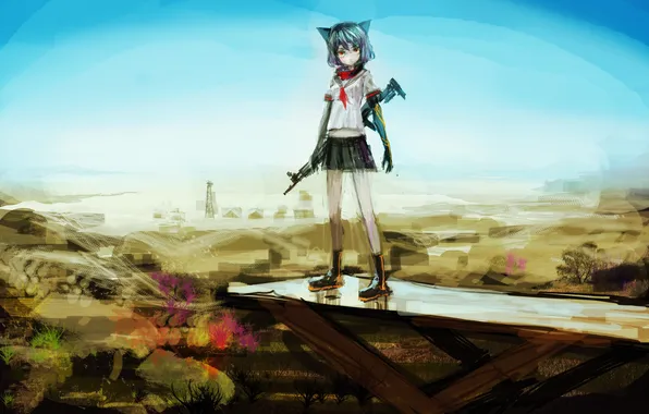 The sky, girl, landscape, weapons, tower, anime, art, ears