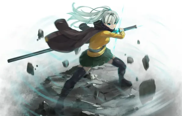 Picture girl, stones, weapons, magic, katana, anime, art, cloak