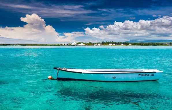 The sky, clouds, boat, island, The ocean, Mauritius