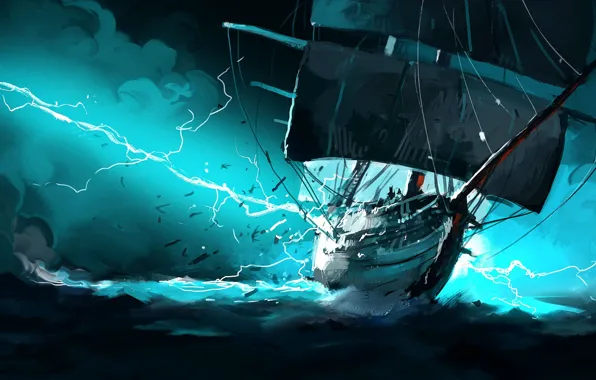The ocean, Sea, Figure, Lightning, Ship, Storm, Fantasy, Art
