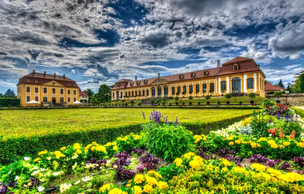 The sky, clouds, flowers, nature, the building, HDR, Germany, Baroque garden