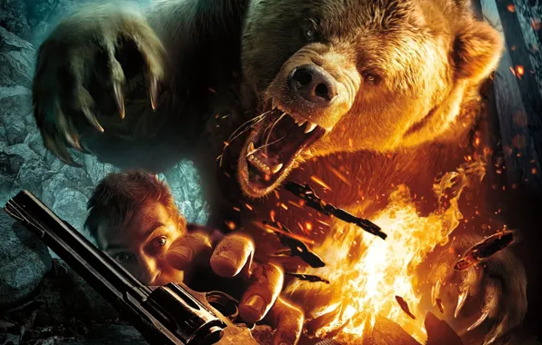 Picture fire, man, revolver, grizzly, roar