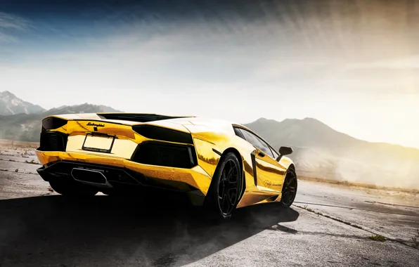 Picture the sky, mountains, reflection, Lamborghini, Lamborghini Aventador, Aventador, Prestige Imports Miami, Golden Child