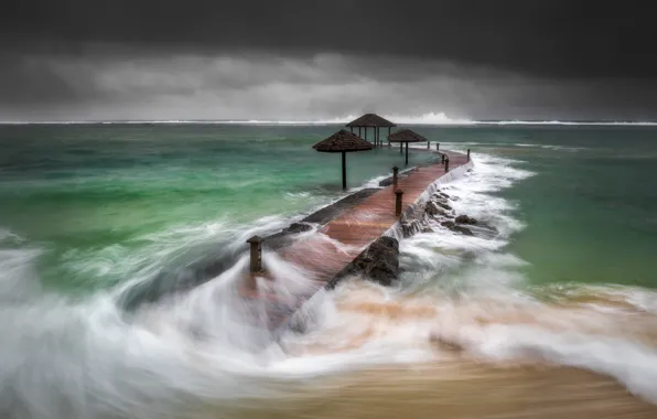 Sea, wave, clouds, umbrellas, pierce