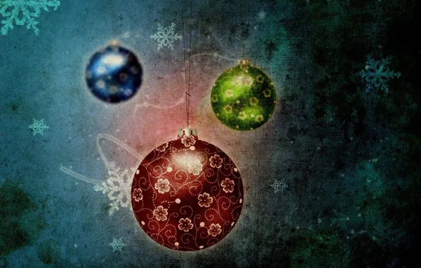 Snowflakes, blue, red, balls, green, praznik