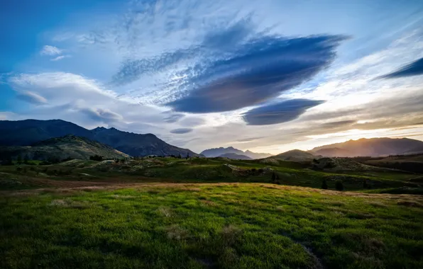 Picture field, landscape, mountains, nature, queenstown, valley, new zealand