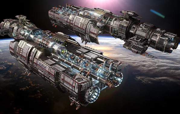 Space, planet, ships, Fractured Space, USR Displacer