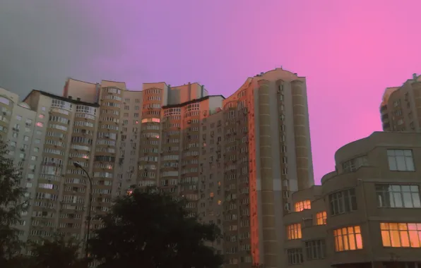 The evening, The city, Kiev, Evening, Yard, Osokorki, Pink sunset, Pink evening