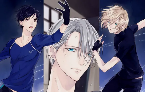 Anime, art, skaters, guys, three, Yuri on Ice, Yuri on the ice, Viktor Nikiforov