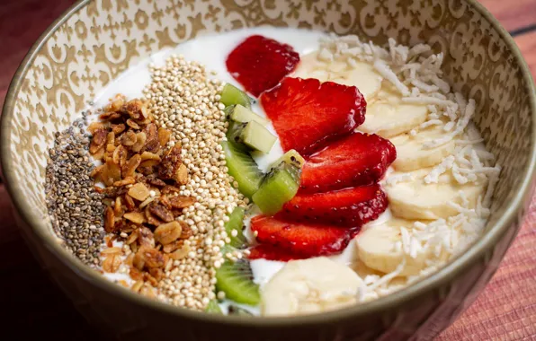 Berries, Breakfast, seeds, kiwi, milk, strawberry, bananas, bowl