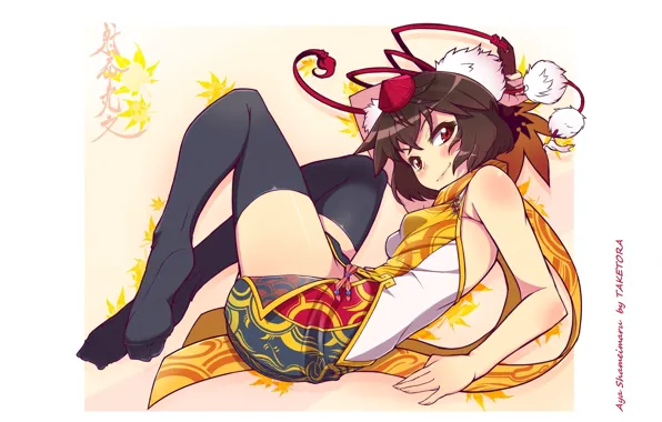 Characters, Aya Shameimaru, maple leaves, black stockings, Touhou Project, tengu, bombski, Project East