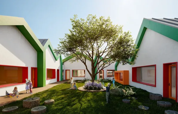 Children, yard, stumps, structure, Kindergarten and cultural center