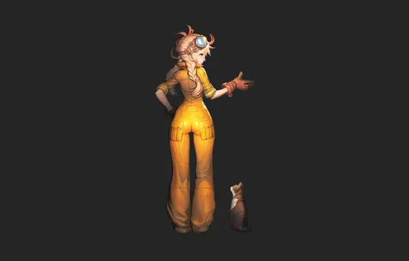 Cat, girl, minimalism, black background, gesture, jumpsuit, yellow clothes